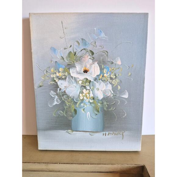 Vintage Original Art Painting Acrylic Floral 8x10 Unframed Signed Blue Signed - Picture 3 of 7